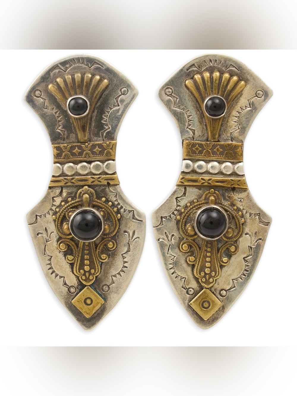 Vintage Artisan Sterling Silver and Brass Earrings with Black Onyx Stones